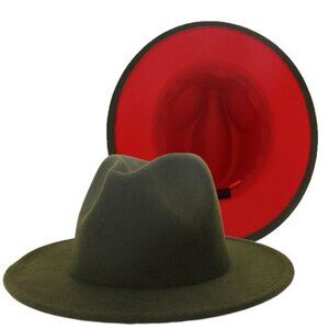 DOUBLE SIDED COLOR FEDORA JAZZ HAT OLIVE AND RED